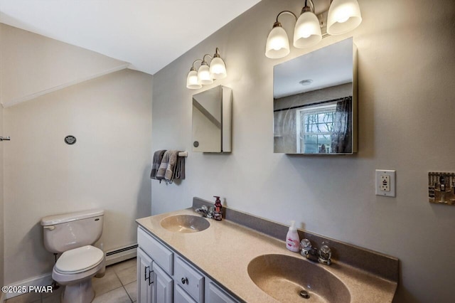 bathroom featuring baseboard heating, vanity, toilet, and tile patterned flooring