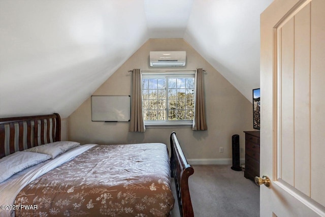 carpeted bedroom featuring an AC wall unit and lofted ceiling