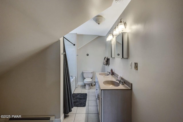 full bathroom with vanity, a baseboard heating unit, toilet, shower / bathtub combination with curtain, and tile patterned floors