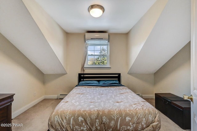 bedroom with light carpet, a wall mounted air conditioner, and baseboard heating