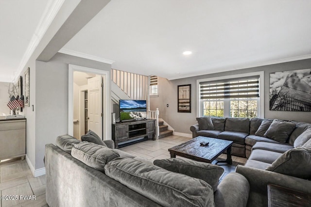 living room with crown molding