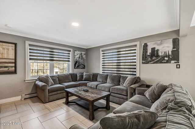 living room featuring a baseboard radiator and ornamental molding