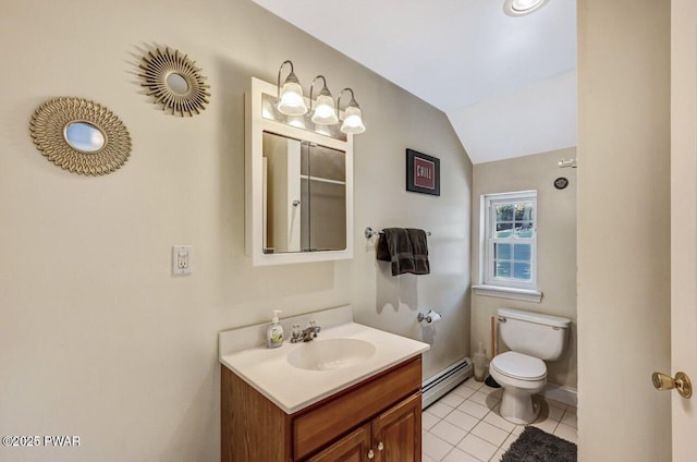 bathroom featuring lofted ceiling, tile patterned flooring, vanity, baseboard heating, and toilet