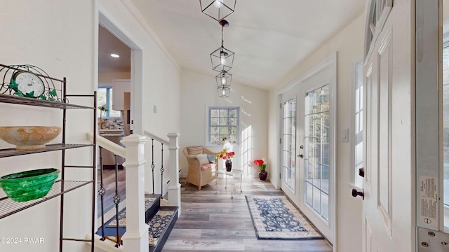 interior space with vaulted ceiling, dark wood-type flooring, and french doors