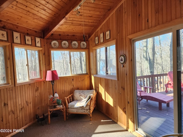 sunroom / solarium featuring lofted ceiling with beams, wood ceiling, and track lighting