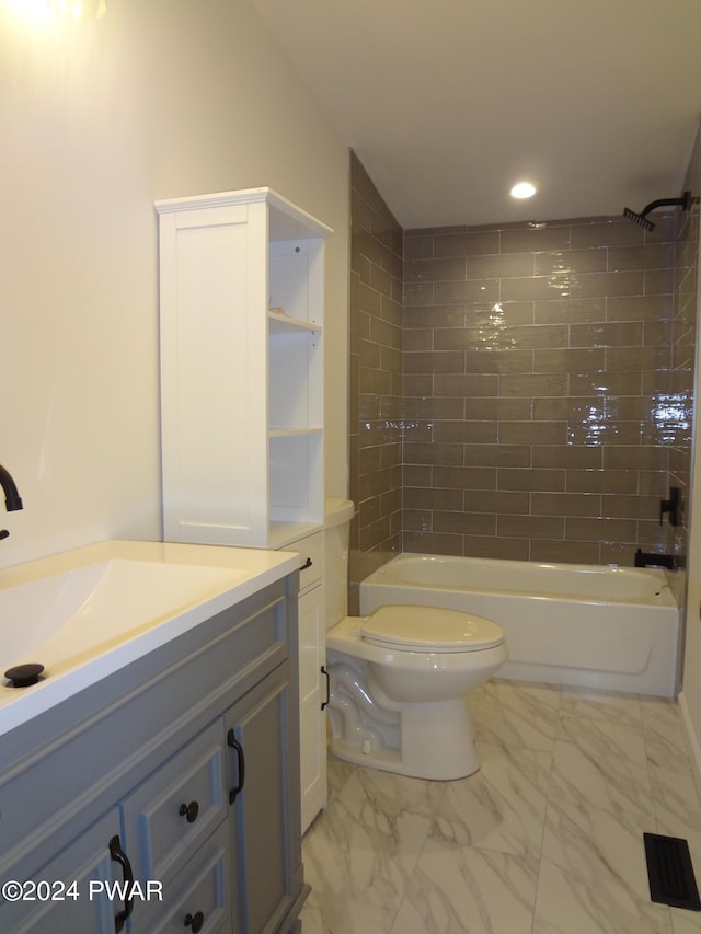 full bath featuring toilet, visible vents, vanity, marble finish floor, and shower / bathing tub combination