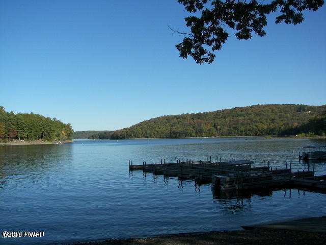 dock area featuring a water view and a wooded view