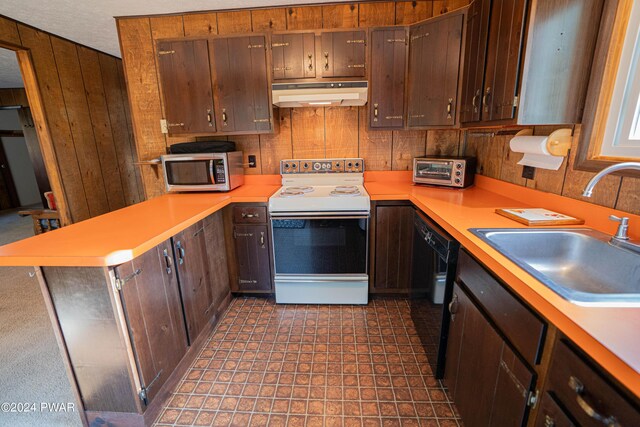 kitchen featuring dishwasher, range with electric stovetop, dark brown cabinets, and sink