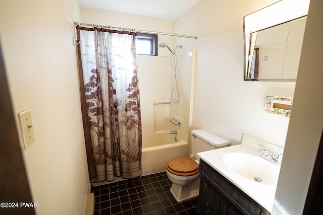 full bathroom with vanity, shower / bathtub combination with curtain, and toilet