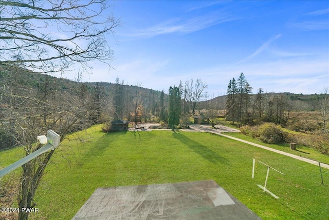 view of property's community with a lawn and a mountain view