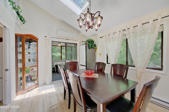 116 Rainbow Dr, Lackawaxen, PA 18435 - dining room featuring an AC wall unit, a baseboard heating unit, lofted ceiling, a chandelier, and a skylight