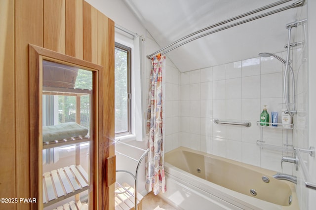 116 Rainbow Dr, Lackawaxen, PA 18435 - bathroom with a combined bath / shower with jetted tub and lofted ceiling