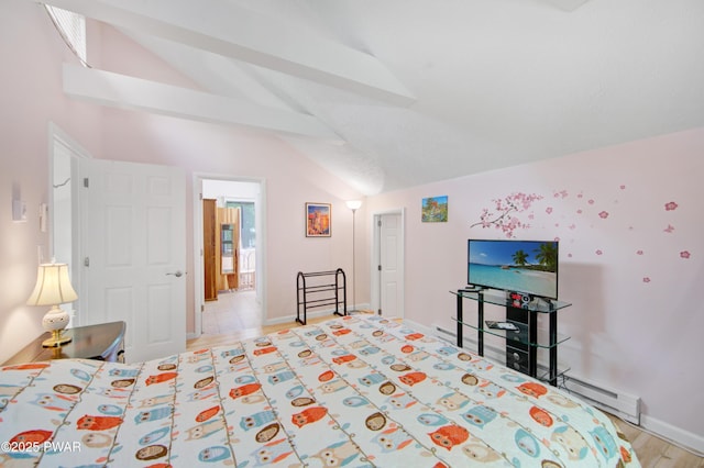 116 Rainbow Dr, Lackawaxen, PA 18435 - bedroom with lofted ceiling, baseboard heating, baseboards, and light wood finished floors