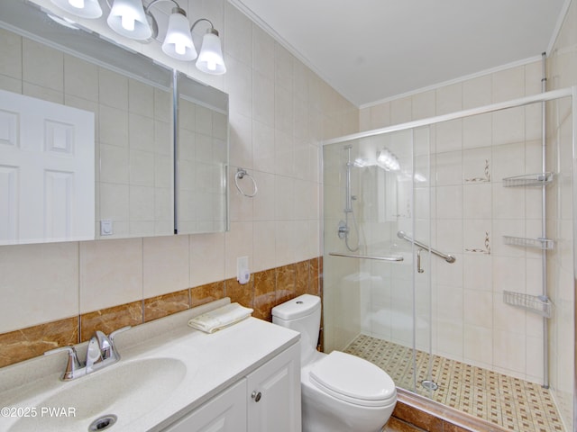 116 Rainbow Dr, Lackawaxen, PA 18435 - full bath featuring tile walls, vanity, a stall shower, toilet, and crown molding
