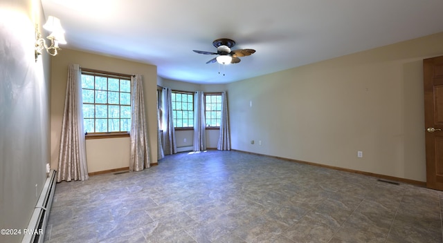 unfurnished room featuring ceiling fan and a baseboard radiator