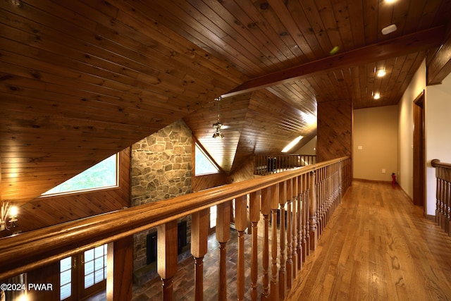 hall featuring hardwood / wood-style floors, vaulted ceiling with beams, wood ceiling, and wooden walls