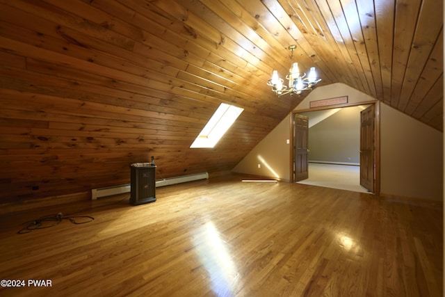 additional living space featuring light hardwood / wood-style floors, wood ceiling, a baseboard radiator, and lofted ceiling with skylight