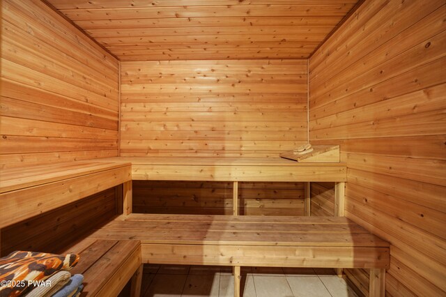 380 Falling Waters Blvd, Lackawaxen, PA 18435 - sauna / steam room with wooden walls, wooden ceiling, and tile patterned flooring