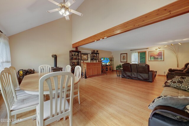 380 Falling Waters Blvd, Lackawaxen, PA 18435 - dining area with light wood finished floors, a ceiling fan, and high vaulted ceiling
