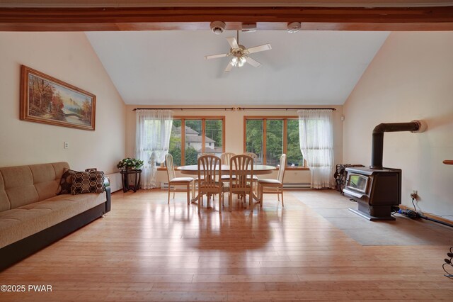 380 Falling Waters Blvd, Lackawaxen, PA 18435 - dining space with a wood stove, a ceiling fan, wood finished floors, and high vaulted ceiling
