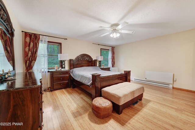380 Falling Waters Blvd, Lackawaxen, PA 18435 - bedroom with a baseboard radiator, light wood finished floors, a textured ceiling, and ceiling fan