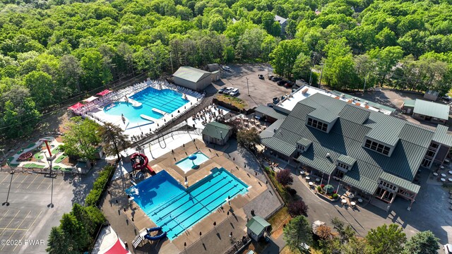 380 Falling Waters Blvd, Lackawaxen, PA 18435 - drone / aerial view of a pool and a heavily wooded area