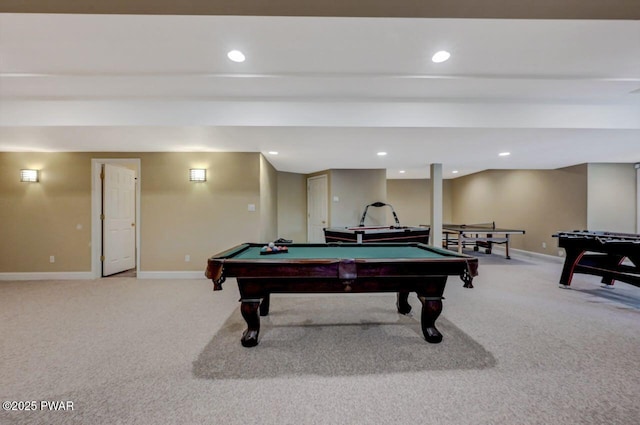 rec room featuring recessed lighting, billiards, baseboards, and light colored carpet