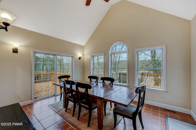 dining area with baseboards, visible vents, high vaulted ceiling, and tile patterned floors