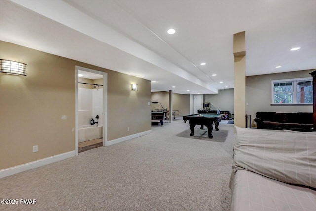 game room featuring pool table, carpet floors, recessed lighting, and baseboards