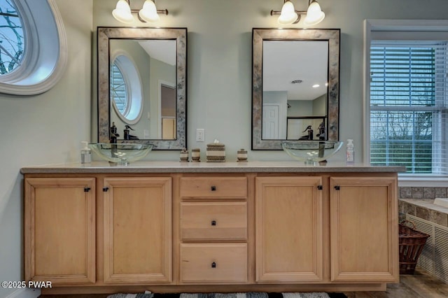 full bathroom featuring double vanity, a shower, and a sink