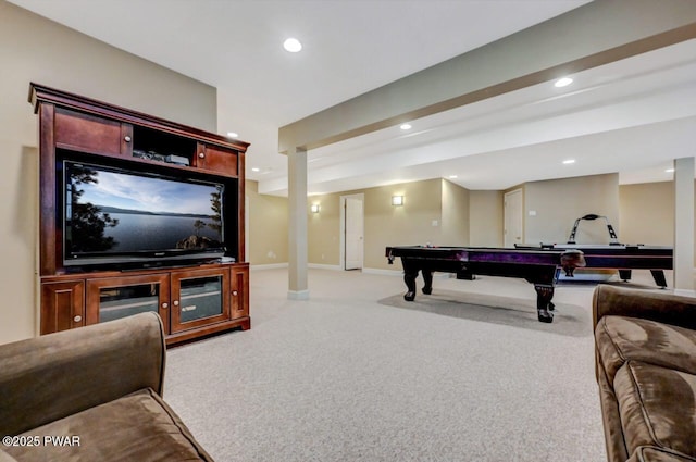 recreation room featuring light carpet, pool table, baseboards, and recessed lighting