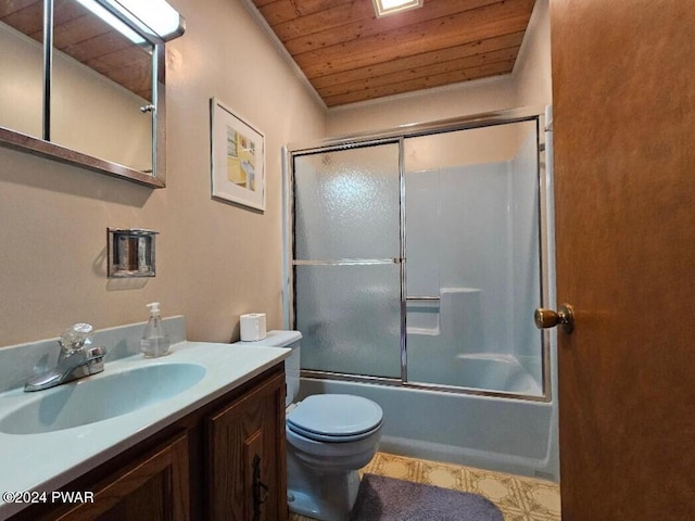 full bathroom featuring vanity, toilet, wooden ceiling, and enclosed tub / shower combo