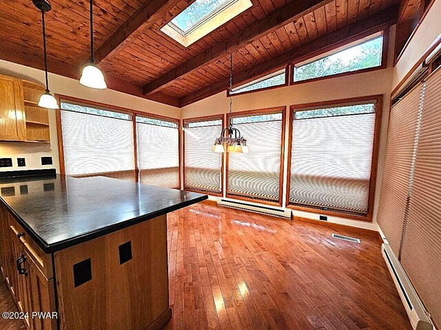 unfurnished sunroom featuring vaulted ceiling with skylight, wood ceiling, a notable chandelier, and a baseboard heating unit