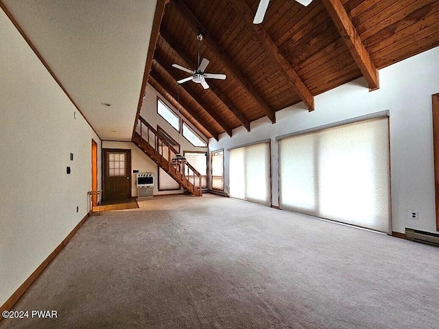 unfurnished living room with ceiling fan, beam ceiling, and wood ceiling