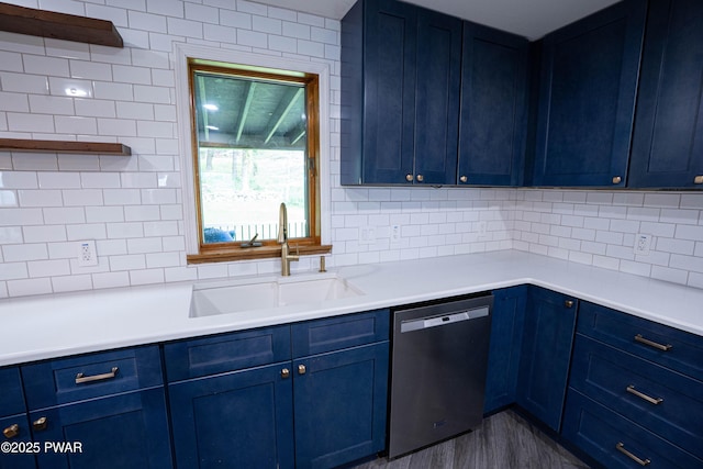 28 Woodcrest Ln, Lake Ariel, PA 18436 - kitchen featuring dishwasher, blue cabinetry, tasteful backsplash, and open shelves