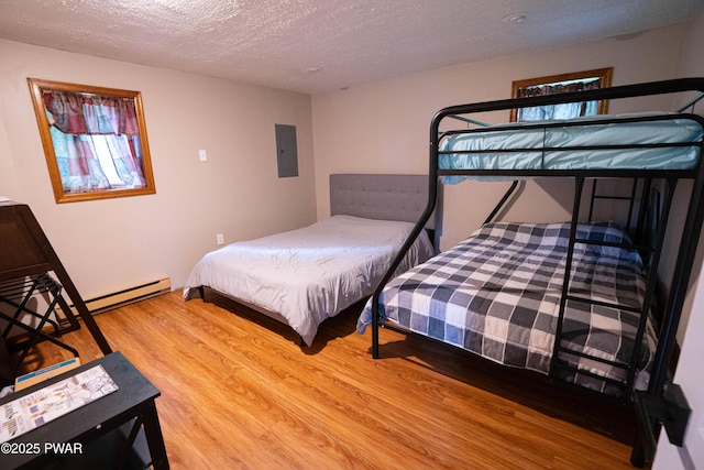 28 Woodcrest Ln, Lake Ariel, PA 18436 - bedroom featuring wood finished floors, baseboard heating, electric panel, and a textured ceiling