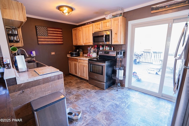 477 Purdytown Tpke, Lakeville, PA 18438 - kitchen featuring stainless steel appliances, stone finish floor, a sink, and light brown cabinetry