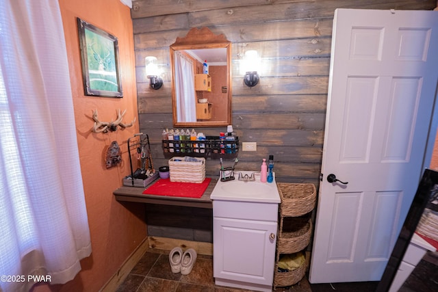 477 Purdytown Tpke, Lakeville, PA 18438 - bathroom with tile patterned floors, wooden walls, and vanity