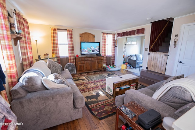 477 Purdytown Tpke, Lakeville, PA 18438 - living area featuring ornamental molding, wood-type flooring, and stairs