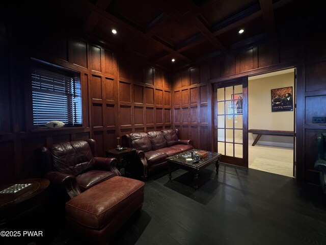 130 Calico Ct, Paupack, PA 18451 - home theater featuring a decorative wall, beam ceiling, wooden walls, and coffered ceiling
