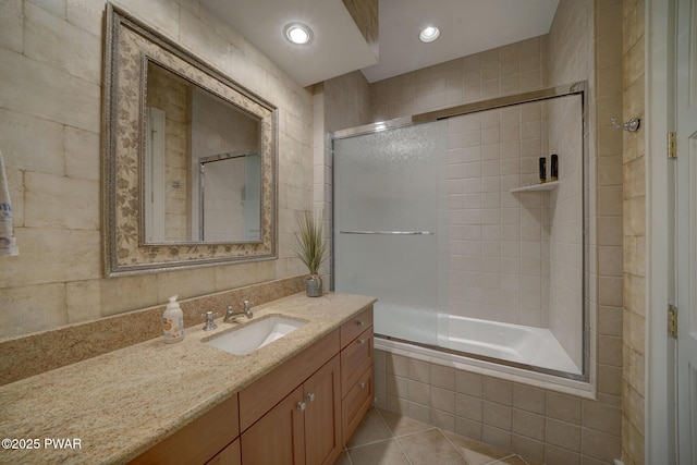 130 Calico Ct, Paupack, PA 18451 - bathroom with vanity, tile patterned floors, recessed lighting, and tiled shower / bath combo