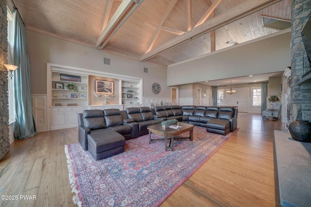 130 Calico Ct, Paupack, PA 18451 - living area with light wood-type flooring, beam ceiling, an inviting chandelier, wooden ceiling, and a fireplace