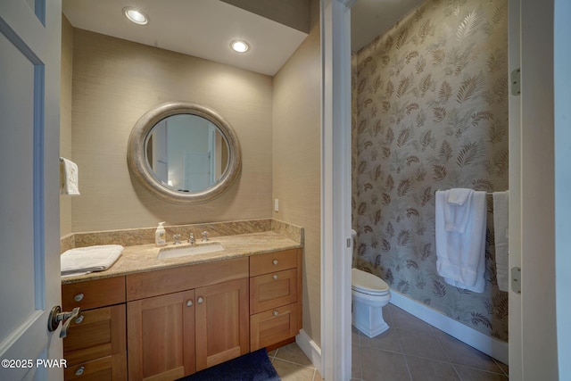 130 Calico Ct, Paupack, PA 18451 - full bath featuring toilet, wallpapered walls, tile patterned flooring, baseboards, and vanity