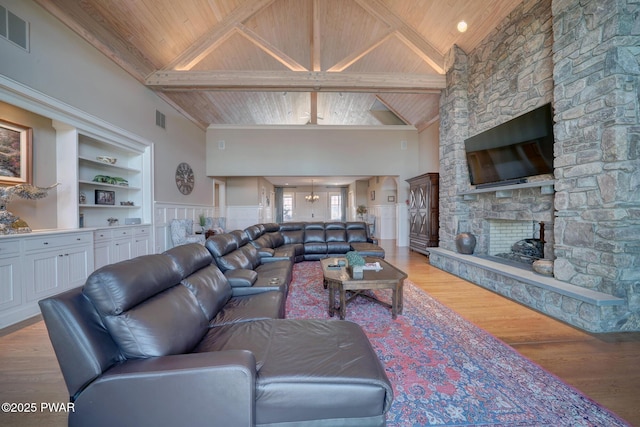 130 Calico Ct, Paupack, PA 18451 - living area featuring light wood-style flooring, built in shelves, wood ceiling, and visible vents