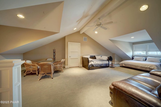 130 Calico Ct, Paupack, PA 18451 - bedroom featuring a ceiling fan, visible vents, lofted ceiling with beams, recessed lighting, and light colored carpet