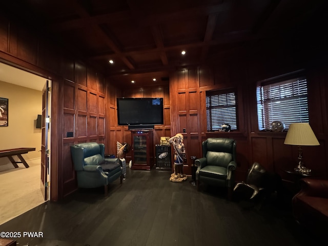 130 Calico Ct, Paupack, PA 18451 - living room with beam ceiling, coffered ceiling, wood finished floors, and wooden walls
