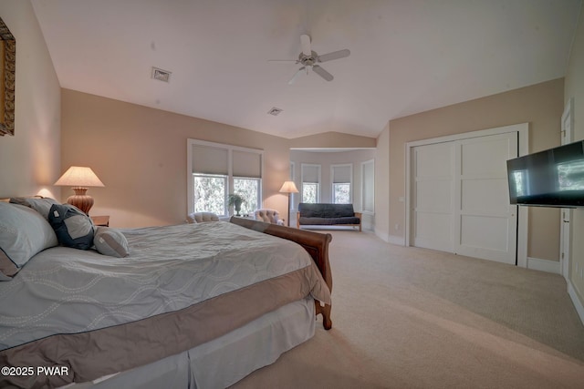 130 Calico Ct, Paupack, PA 18451 - bedroom featuring visible vents, baseboards, lofted ceiling, carpet flooring, and a ceiling fan