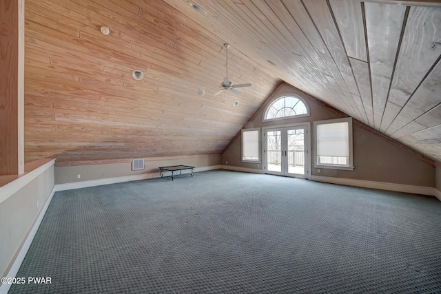 130 Calico Ct, Paupack, PA 18451 - bonus room featuring carpet floors, wood ceiling, ceiling fan, and vaulted ceiling