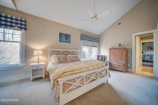 130 Calico Ct, Paupack, PA 18451 - carpeted bedroom featuring ceiling fan, baseboards, visible vents, and high vaulted ceiling