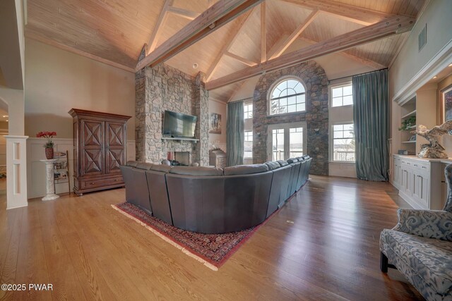 130 Calico Ct, Paupack, PA 18451 - living room featuring wood finished floors, visible vents, high vaulted ceiling, a fireplace, and wood ceiling